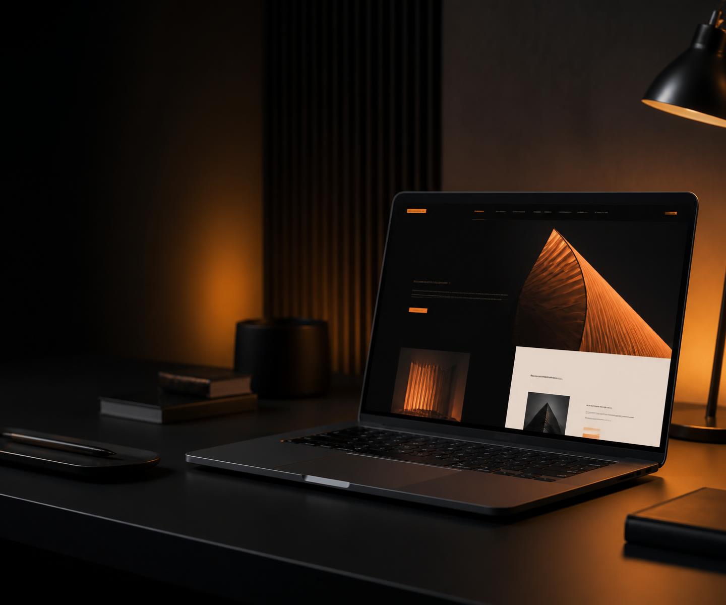 Sötét munkakörnyezet laptopon megjelenő modern weboldallal